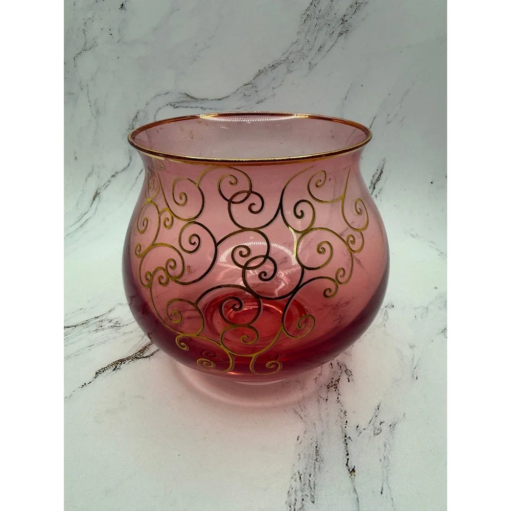 Vintage Cranberry Glass Rose Bowl Vase Gold Scroll Filigree Gilt Rim Pink 5in